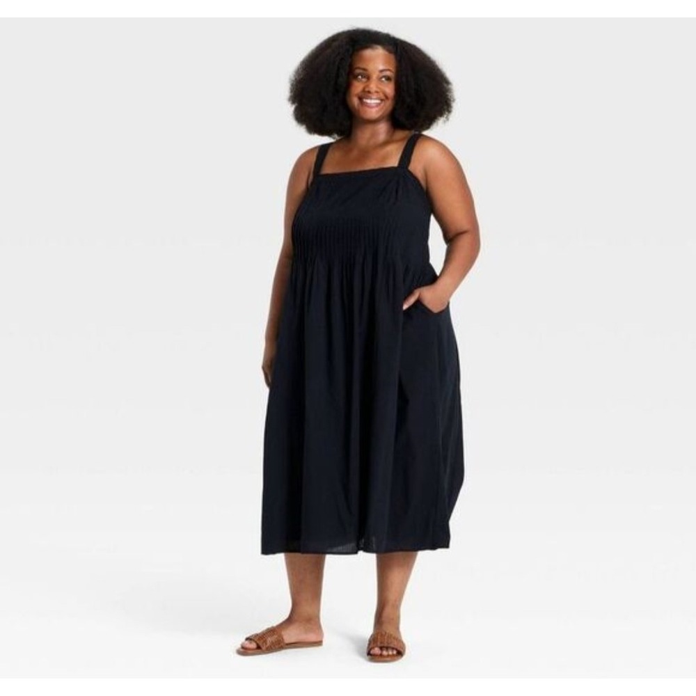 Ava Viv Black Poplin Midi Dress Pockets Smocked Empire Waist Boho 1X Cottagecore